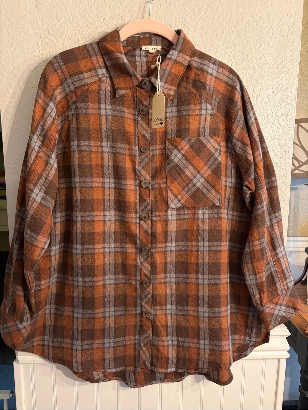 Ladies, Orange and Gray Plaid Button-Down flannel Shirt NWT. Size M.